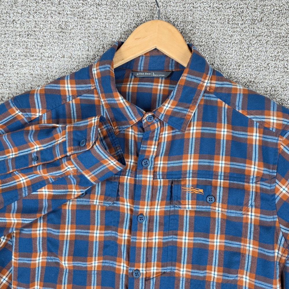 Sitka Mens Frontier Shirt Large Plaid Flannel Blue Orange Long Sleeve Size Large